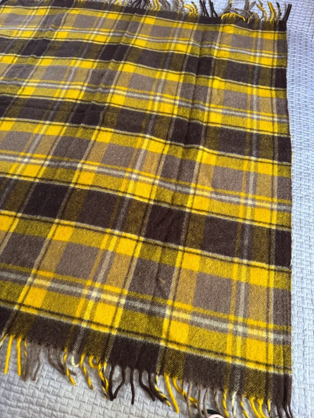 Vintage Wool Plaid Throw Blanket Mustard Brown Gray Fringe 50x54 Cozy Cabin